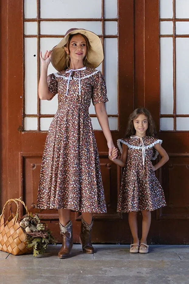 Детское платье для девочек с принтом Vintage mobile collared brown floral balloon sleeve flared mother-daughter design Küçüğüm Butik, Brown — фото 3