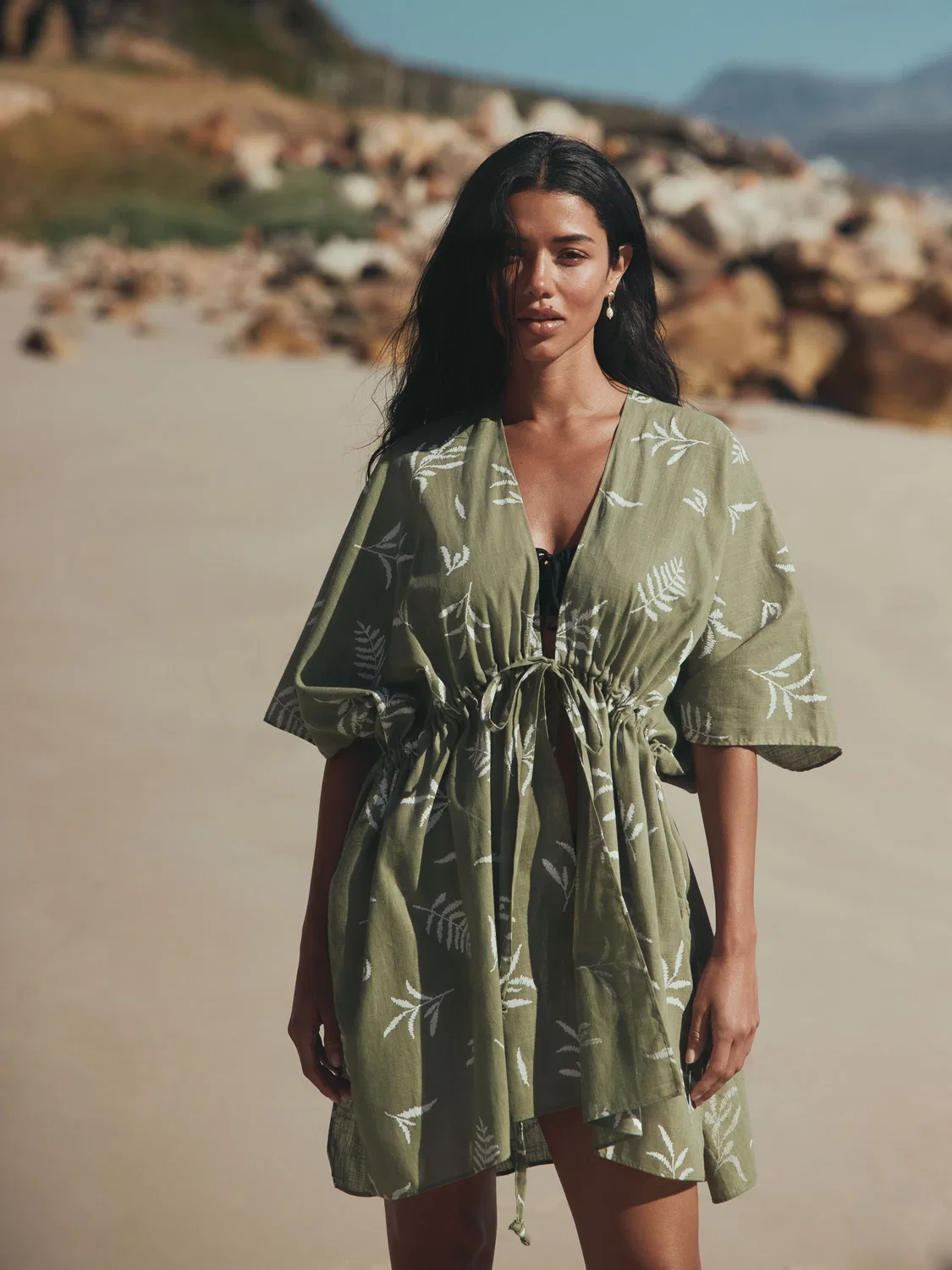 Кафтан с поясом, принт листья, Sage Green Next