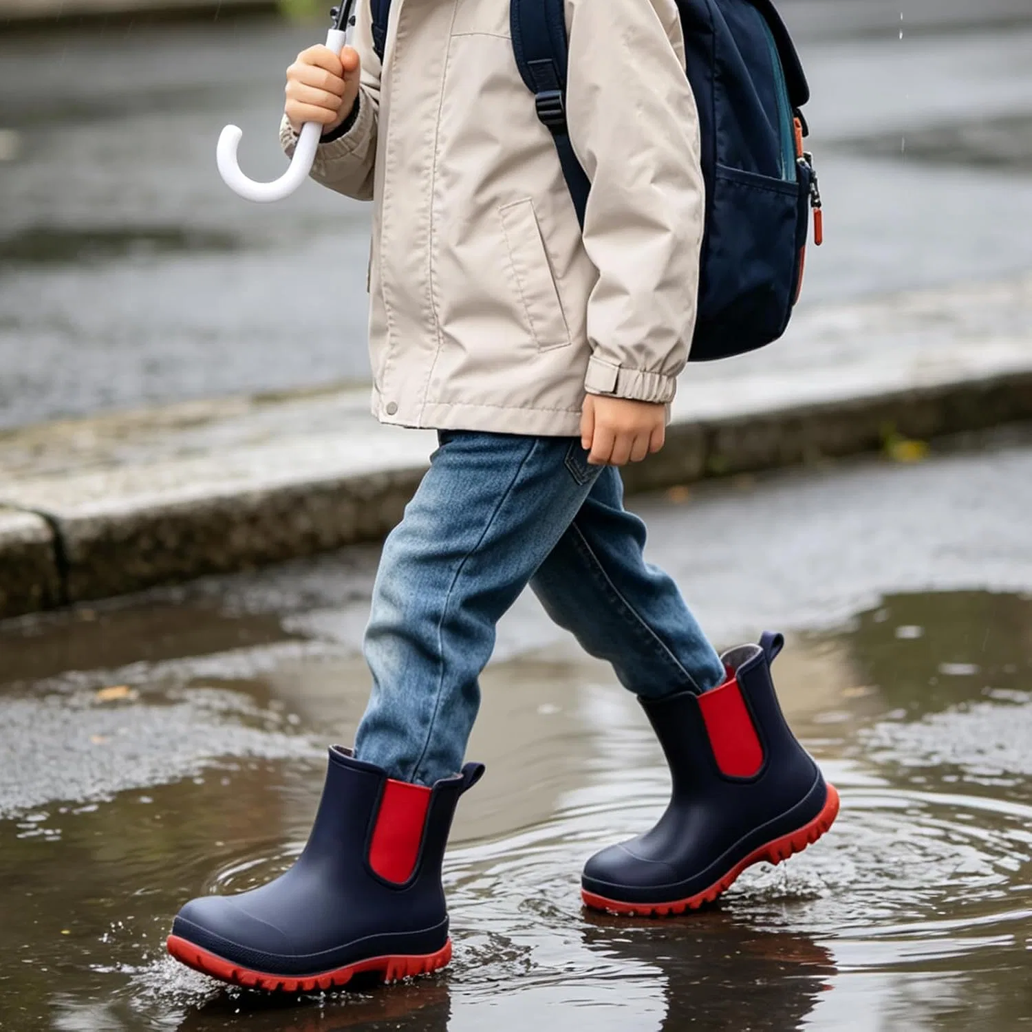 Детские резиновые сапоги-челси для девочек и мальчиков Pelbiuqik, Navy Blue-Red — фото 3