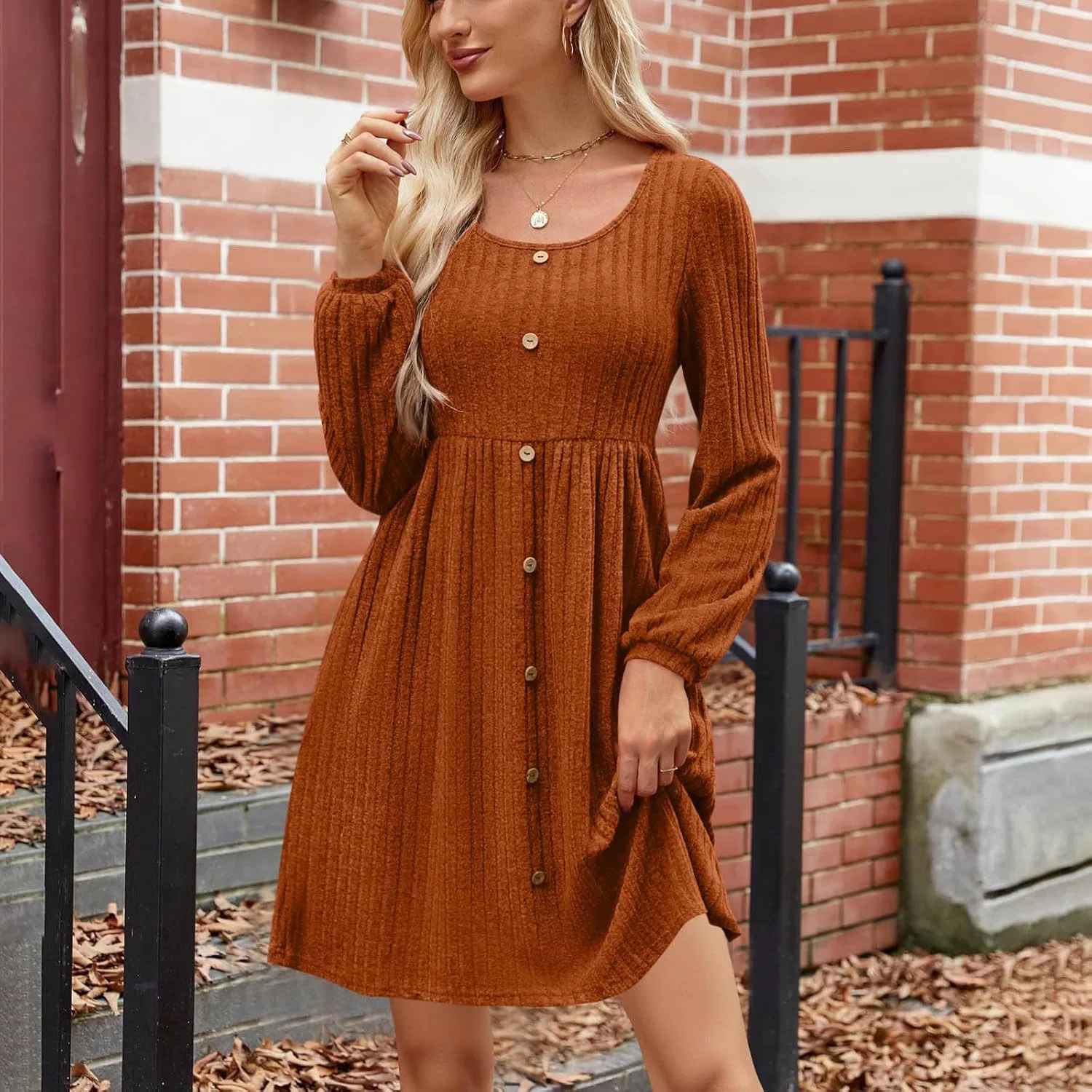 Женское трикотажное платье с эластичным поясом, Brown — фото 2