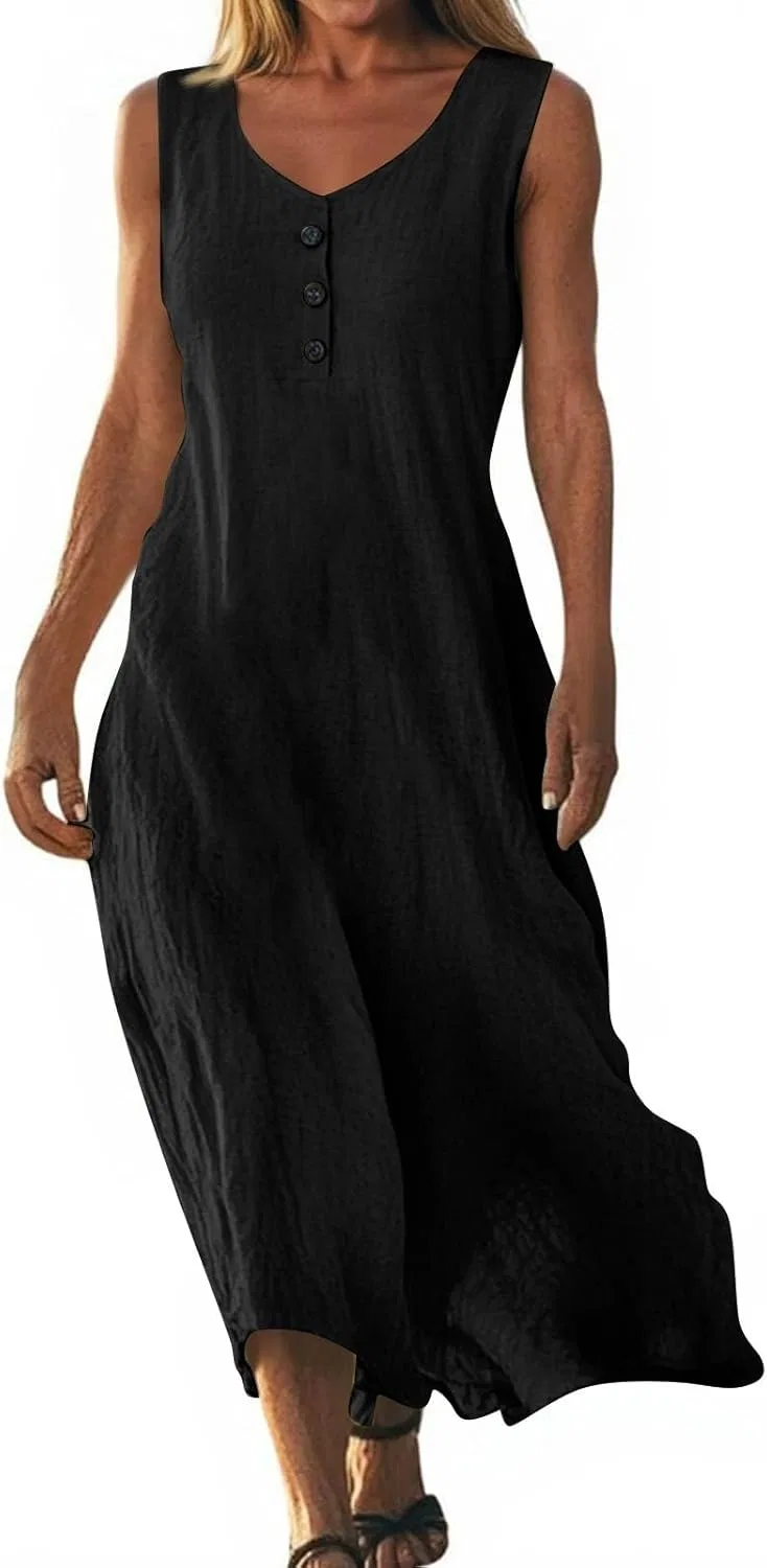 Женское платье-макси с V-образным вырезом и пуговицами, Cotton Linen, Black — фото 4