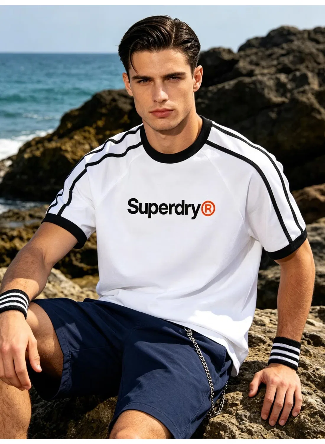 Superdry Футболка с принтом и полосами на плечах, белый