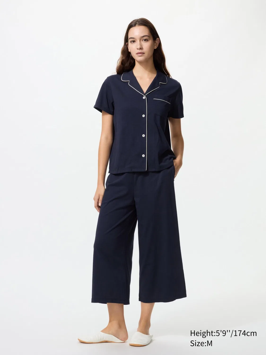 Хлопковая пижама Uniqlo Airism, короткий рукав и шорты 3/4, кремовый — фото 2