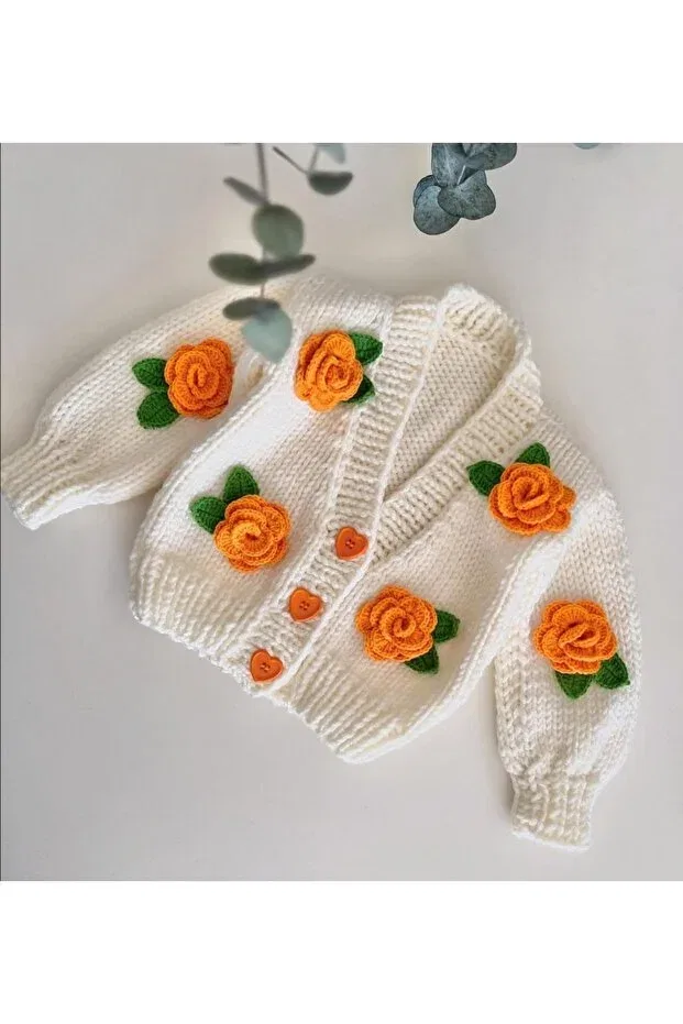 Детский кардиган для девочек вязаный Hand Knitted Baby Rose Cardigan Sifa Atelier, Cream
