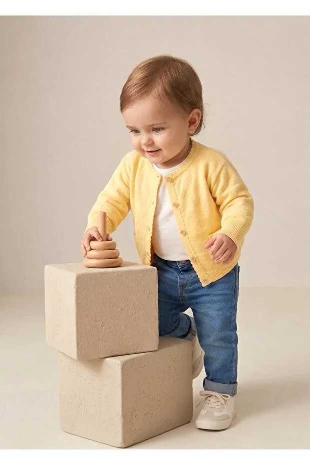 Детский кардиган для девочек хлопковый Organic knitwear knitted long sleeve yellow spring cardigan for little girls Ozmoz By Mukadder Özden, Yellow