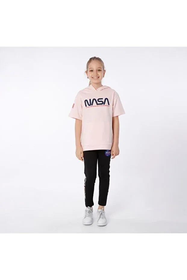 Детский комплект для девочек с принтом NASA Printed - Hooded T-Shirt And Embroidered Tights Set Black One, Somon — фото 2