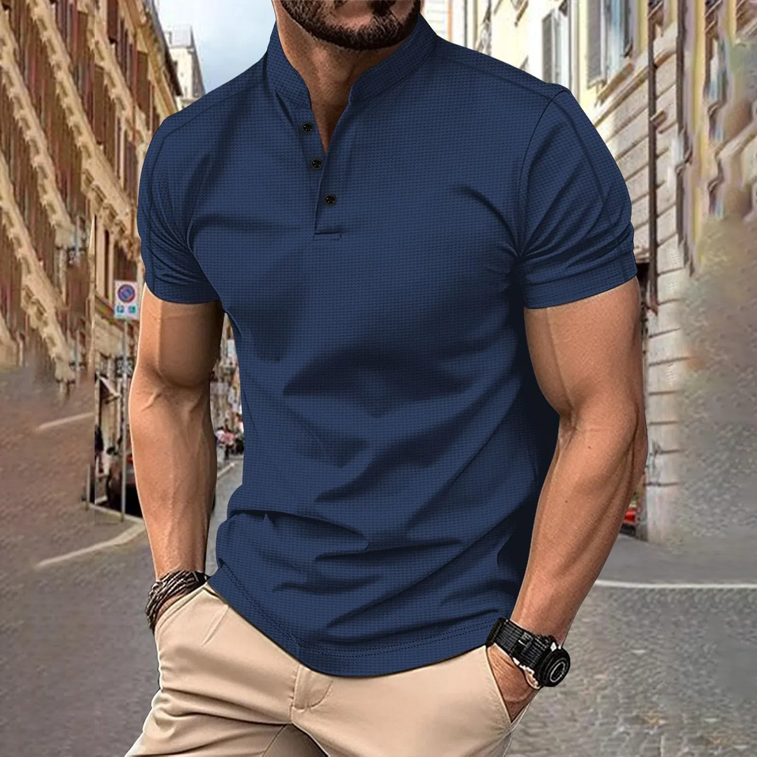 Мужское поло с коротким рукавом Henley, Navy Polo Shirts for Men — фото 2