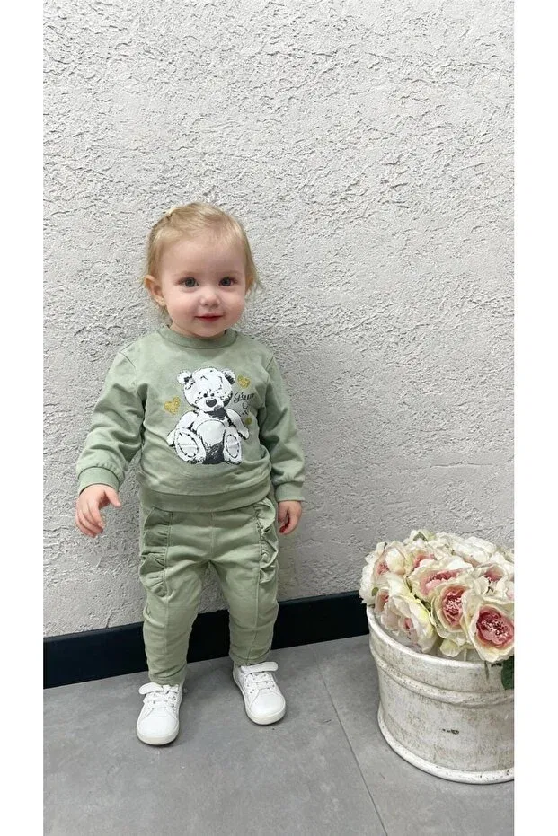 Детский комплект спортивного костюма для девочек с принтом Bear Printed Ruffle Detail Gocoland, Green — фото 3