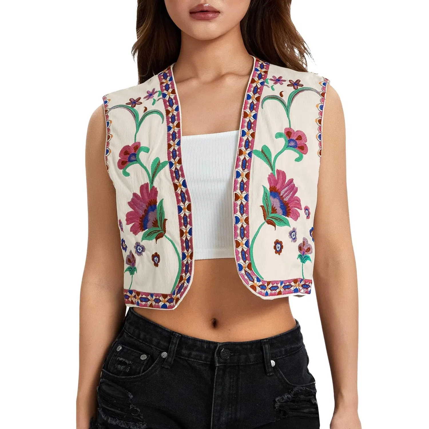 Женский жилет без рукавов с вышивкой Y2K Open Front Cardigan, 01#Rosa — фото 2
