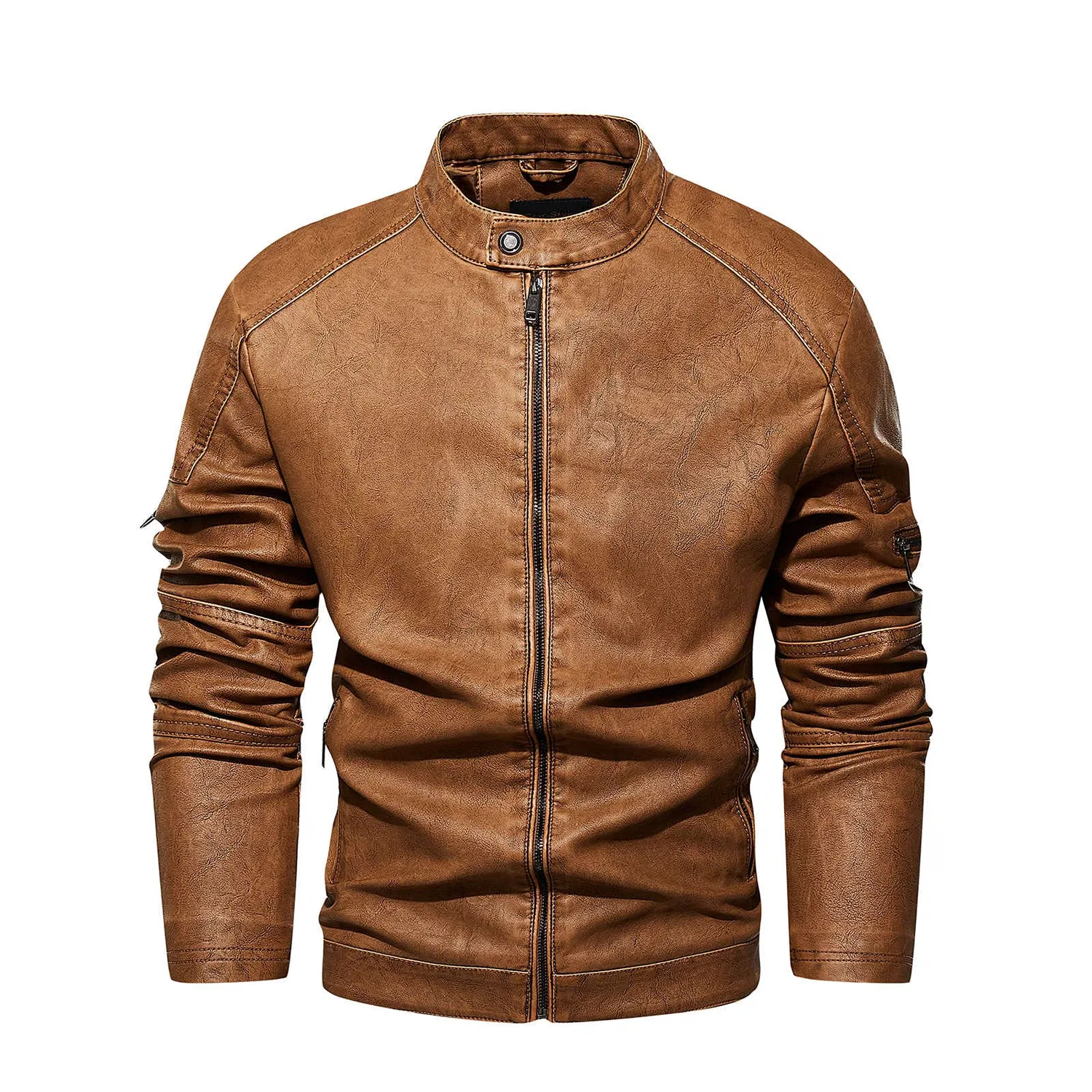 Мужская кожаная куртка с воротником-лацканом, q03-khaki — фото 2