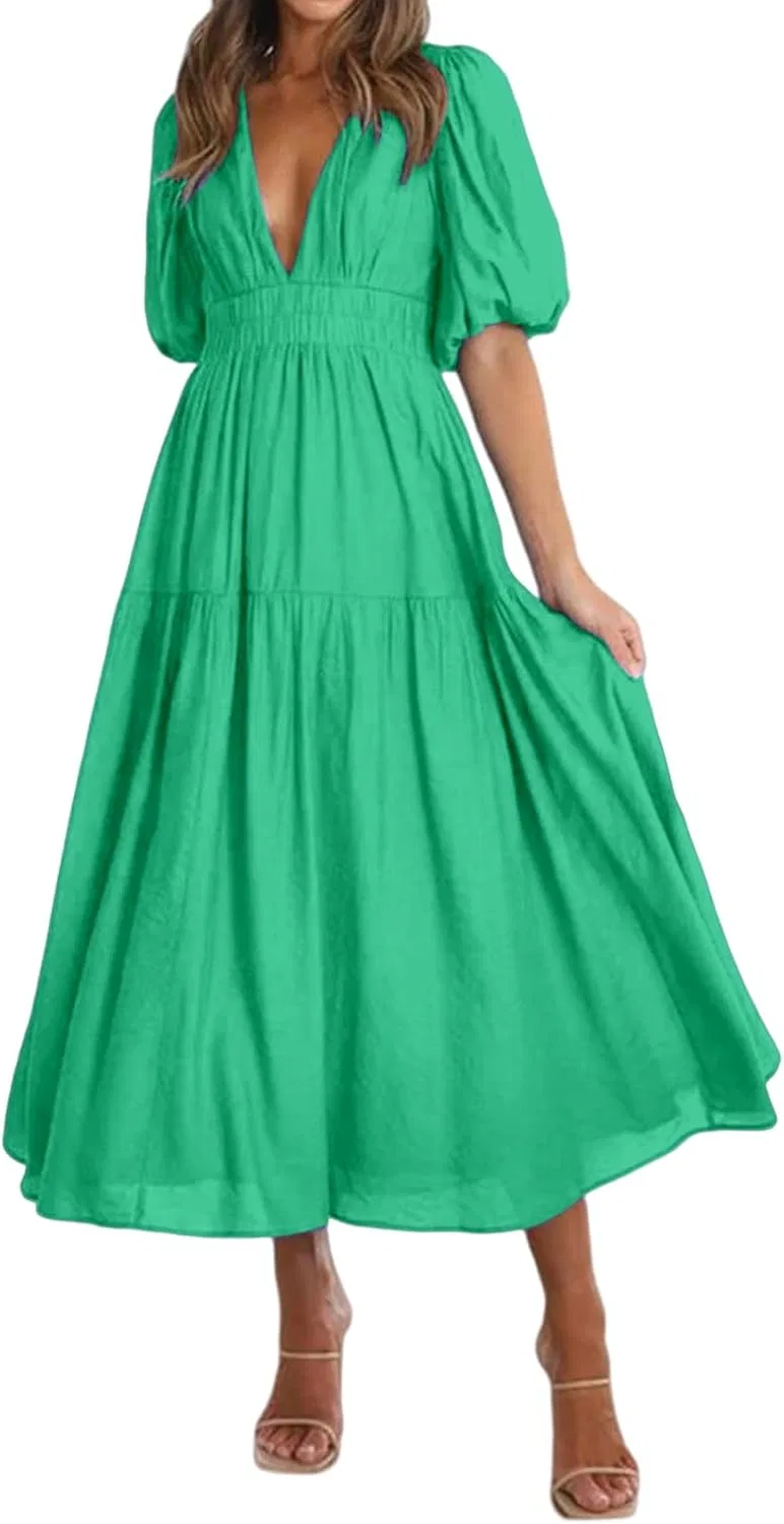 Женское летнее макси-платье с V-образным вырезом Flowy A-line, Green