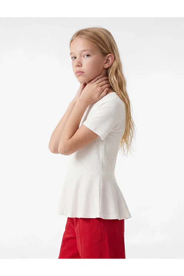Детская футболка для девочек с пеплумом Bürümcük short sleeve crew neck peplum t-shirt Koton, Ecru — фото 2