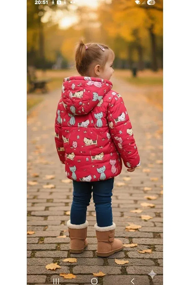 Детское пальто для девочек с принтом Cute girl's coat with cat pattern and fur inside Moda, Pink — фото 2