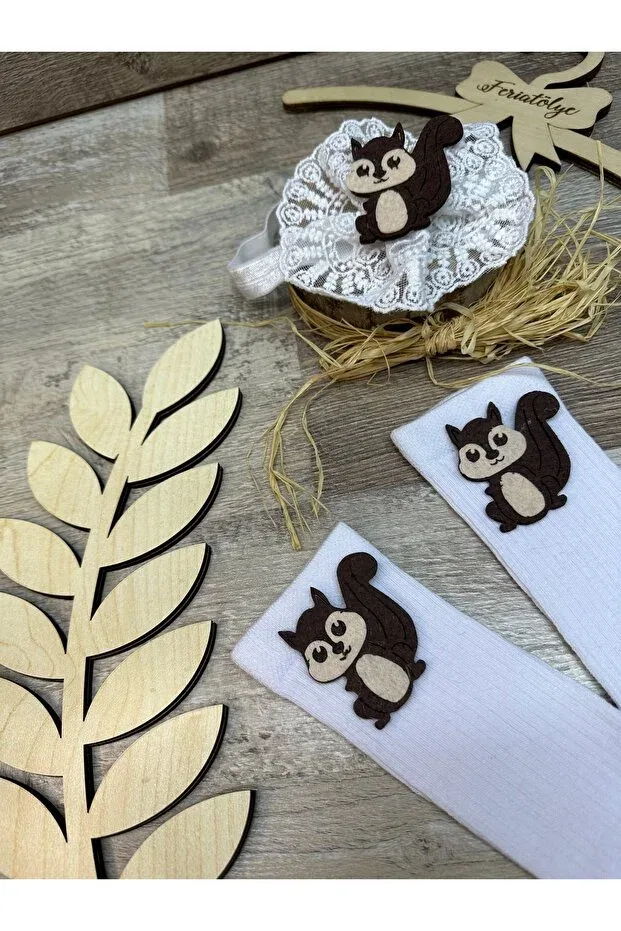 Детские носки для девочек с принтом Squirrel figured white lace baby girl headband and squirrel concept baby white knee socks Feriatolye, White — фото 4