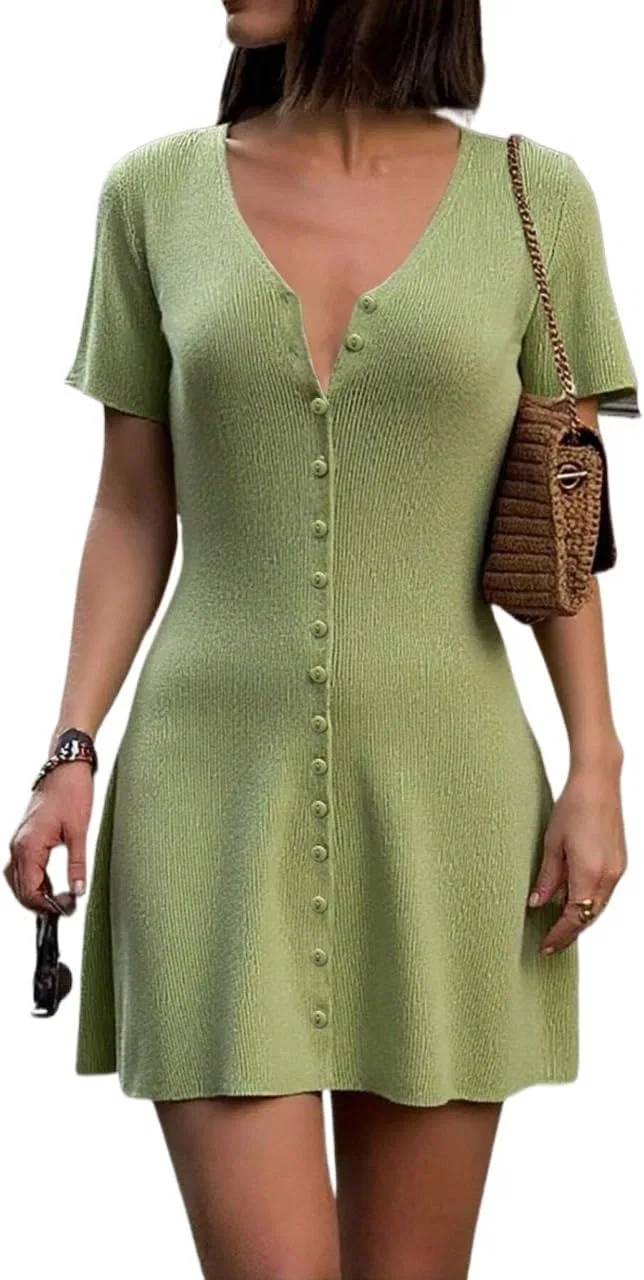 Женское короткое платье с V-образным вырезом Casual, Green