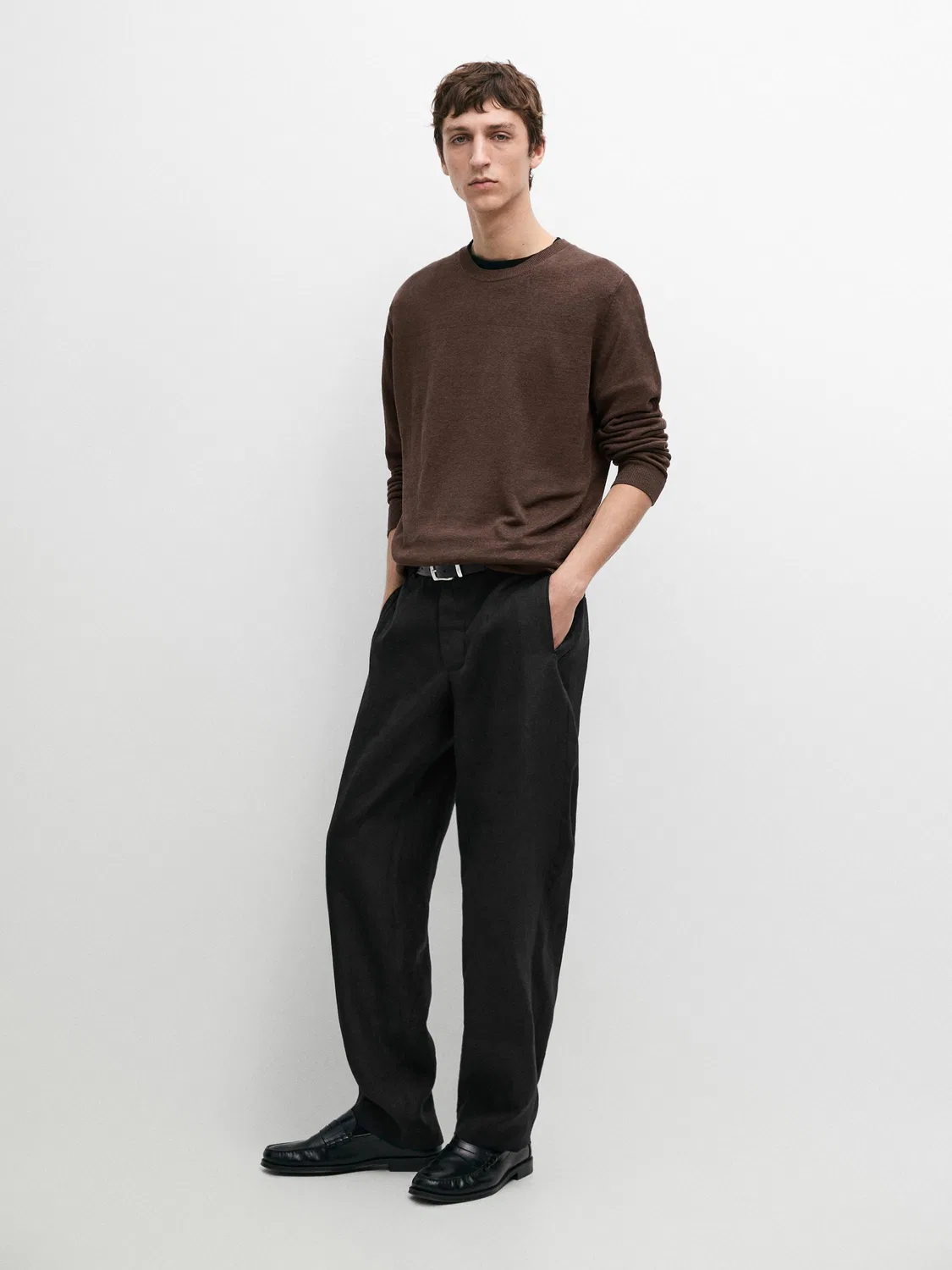 Льняные брюки-бочонки приталенного кроя Massimo Dutti, черный