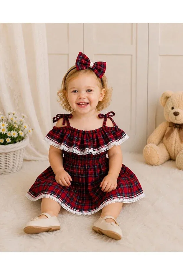 Детский комплект платья и банданы с кружевом в клетку Moda Lina Baby, Red — фото 3