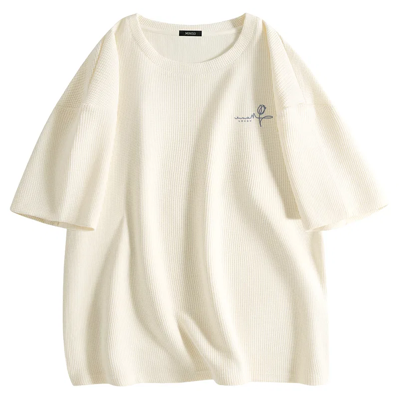 Детская футболка с воротником-стойкой Heavyweight Waffle Knit MINISO, Light Beige (Flower Language Line Chest Logo)