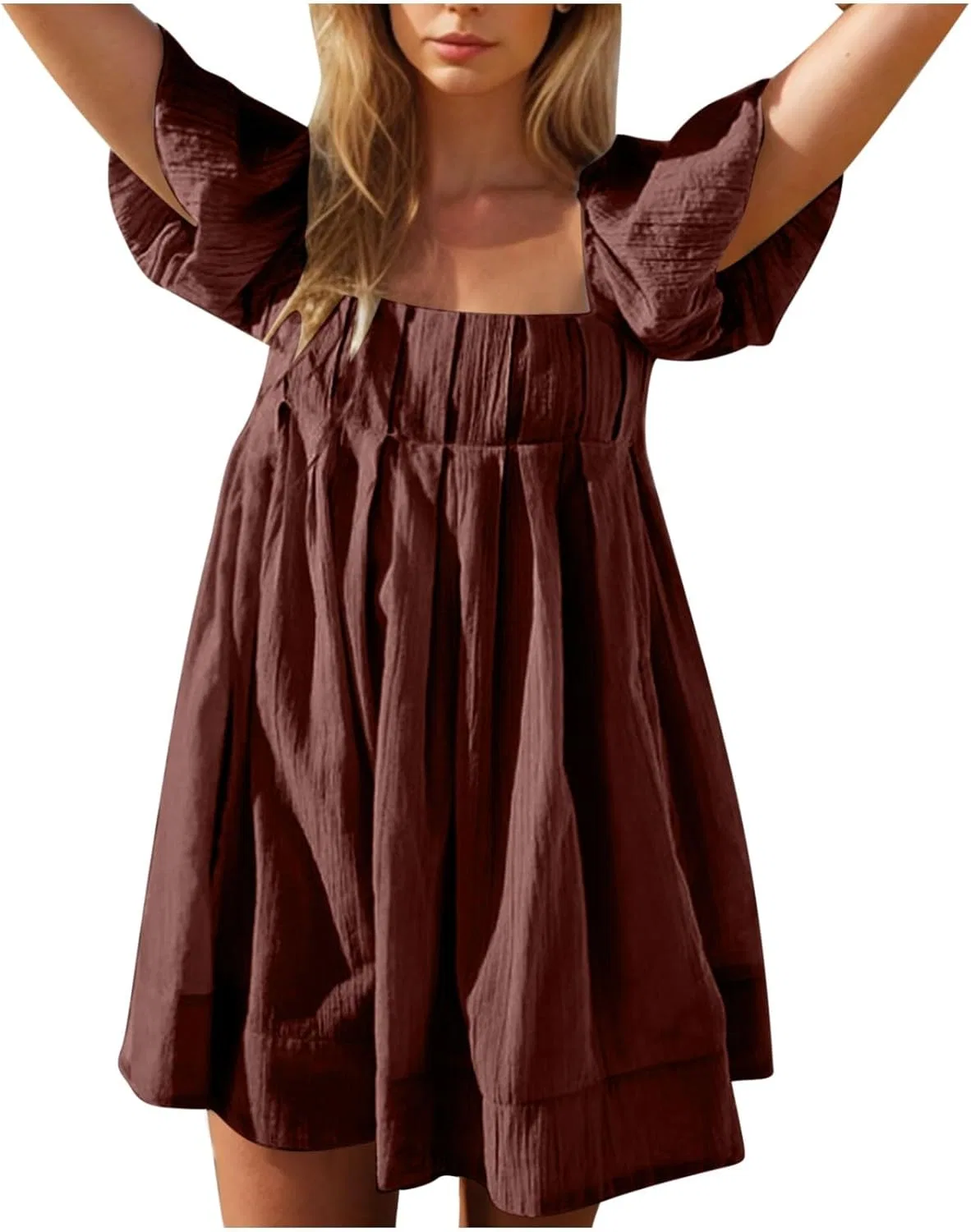 Женское летнее платье babydoll с пышными рукавами, A01 Brown