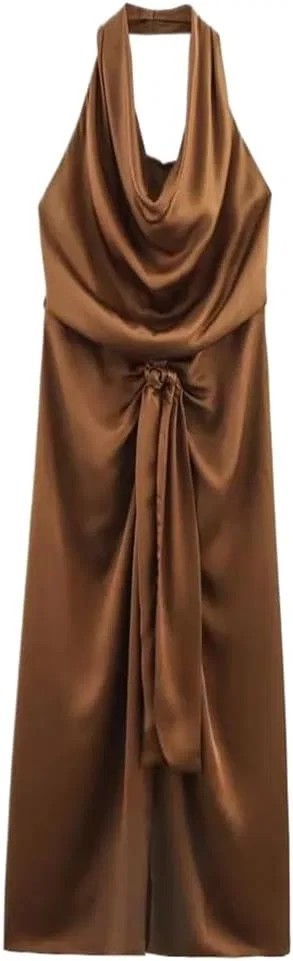 Женское летнее платье миди с вырезом на спине, Darkbrown