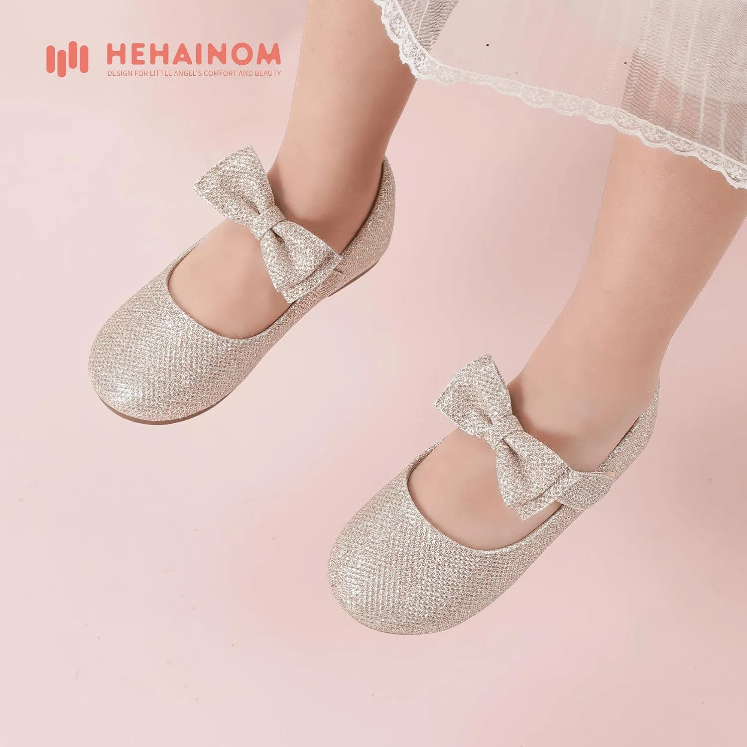 Детские балетки для девочек с цветочным принтом Hehainom, Alisa Gold Glitter — фото 2