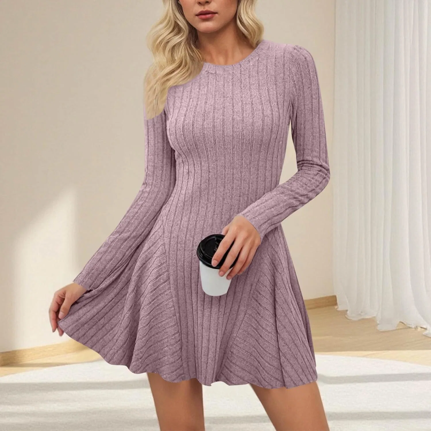 Женское трикотажное платье миди с длинным рукавом V-образным вырезом Purplе — фото 3