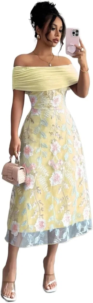 Женское повседневное миди-платье с воланами Off Shoulder, Yellow