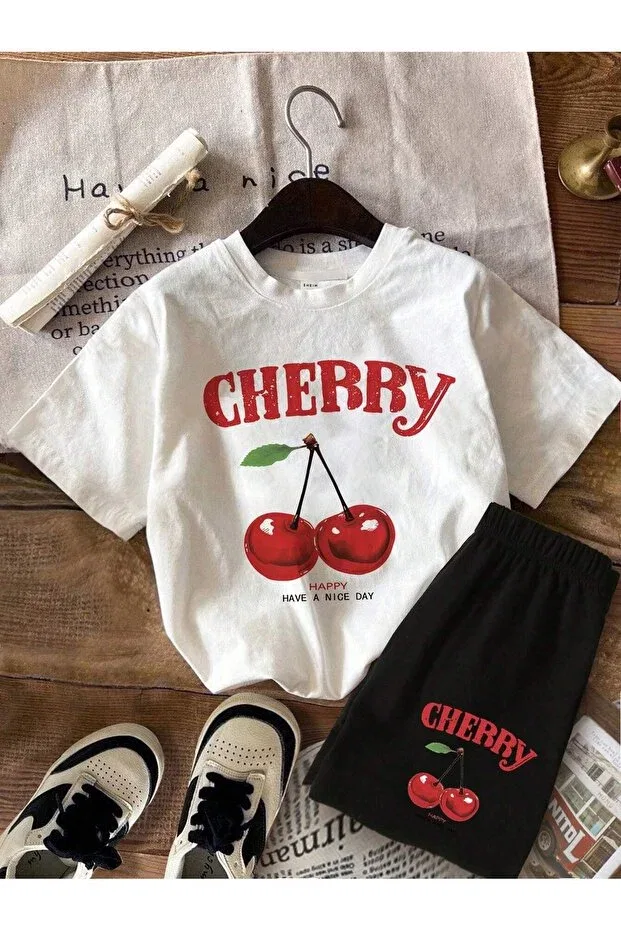 Детский комплект для девочек с принтом Cherry Printed Lepold, White/Black