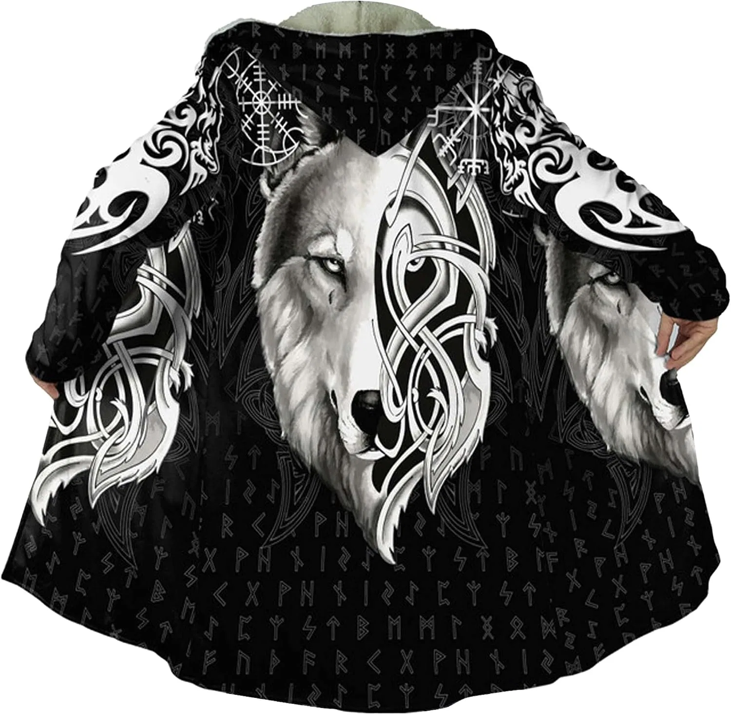 Мужское пальто с принтом Viking Tattoo, Warm Faux Cashmere Coat, Viking Cape B