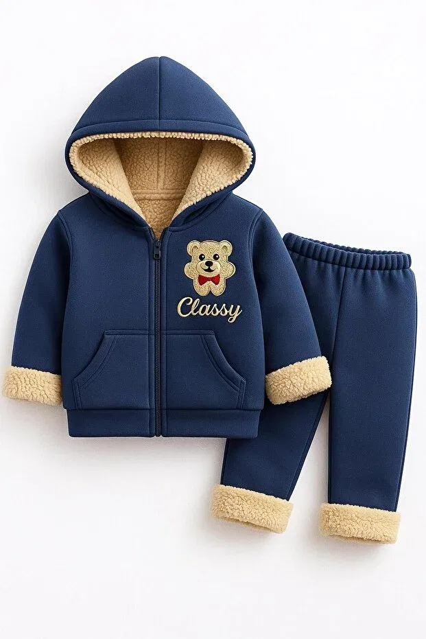 Детский комплект из футера для девочек с принтом Teddy Bear Detailed Soft Plush Classy Moda, Navy Blue