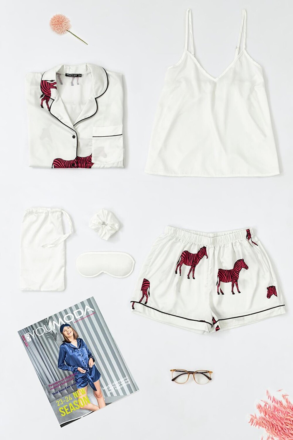 

Комплект из 6 атласных пижамных шорт цвета зебры цвета экрю FOR YOU MODA