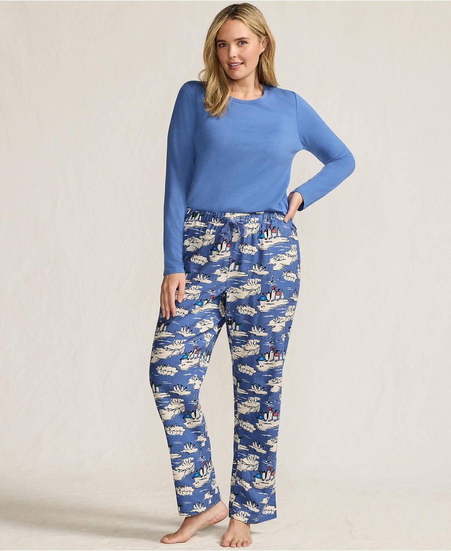 

Подарочный пижамный комплект больших размеров - вязаный топ с длинными рукавами и фланелевые брюки Lands' End, Cobalt blue holiday penguins