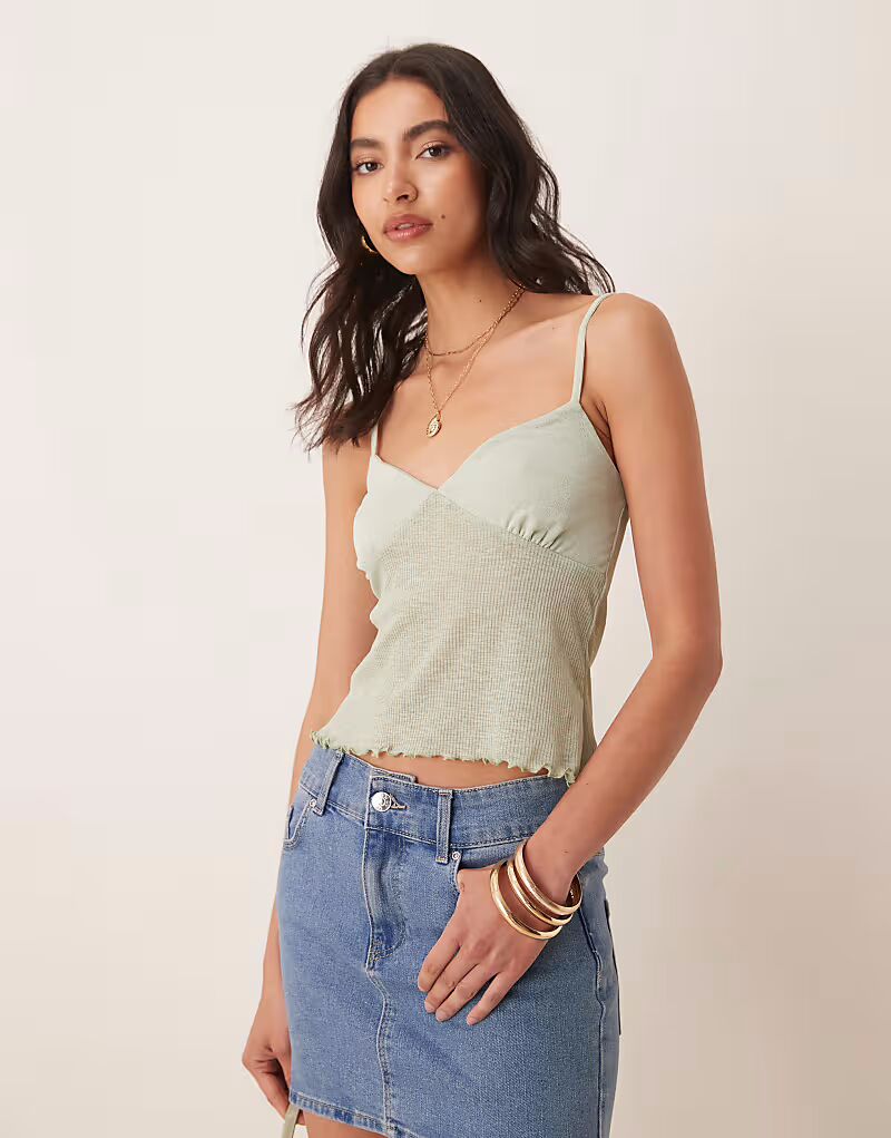 

Полупрозрачный топ на бретелях ASOS DESIGN в рубчик мятно-зеленого цвета - LGREEN