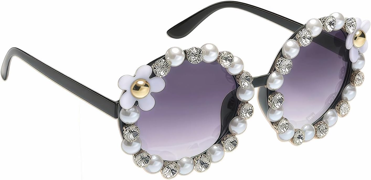 

Элегантные женские солнцезащитные очки с жемчугом и стразами, ретро-очки в стиле «ромашки», модные аксессуары для пляжной свадьбы или вечеринки – белые Hiiooweiyi, black