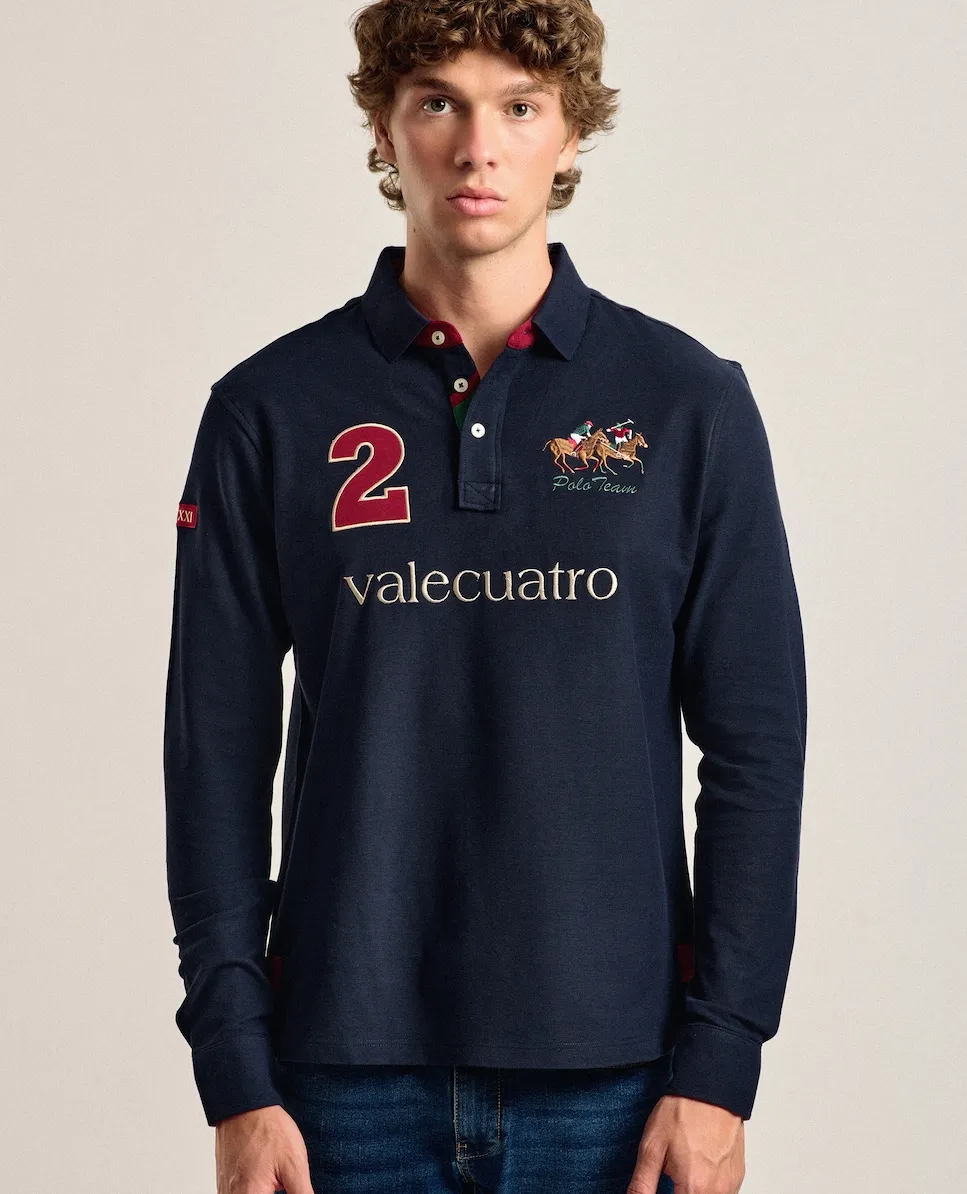 

Мужское поло из пике классического кроя с длинными рукавами, темно-синее Valecuatro