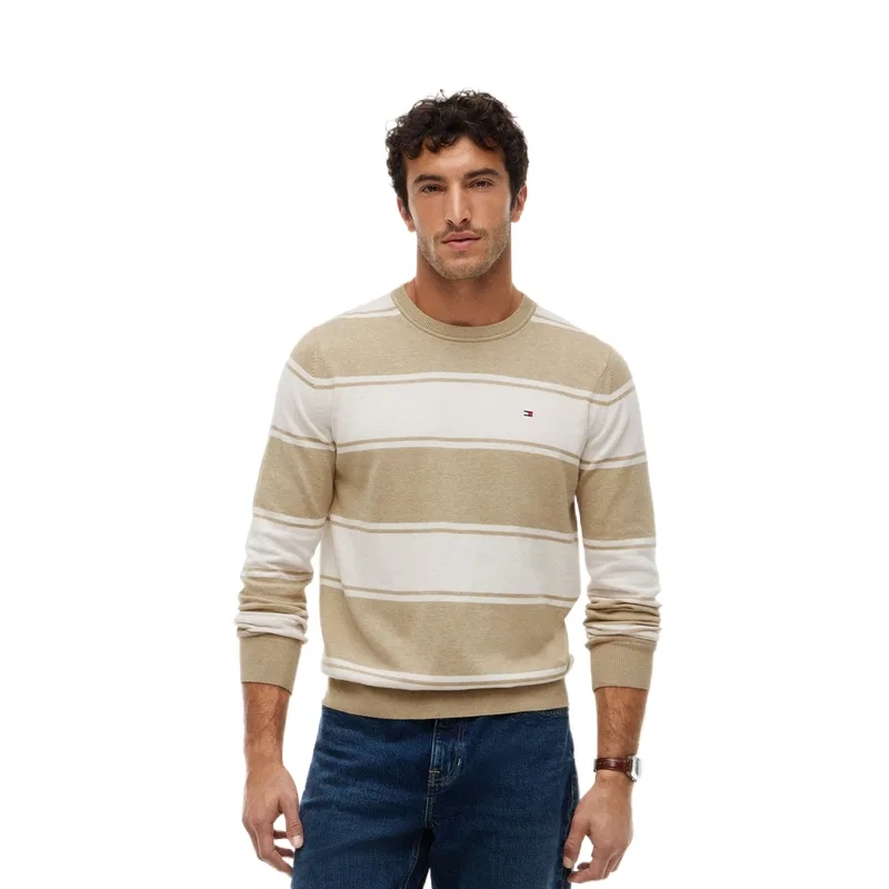 Мужской свитер с круглым вырезом Khaki Beige White Stripes Tommy Hilfiger, Khaki Beige White Stripes
