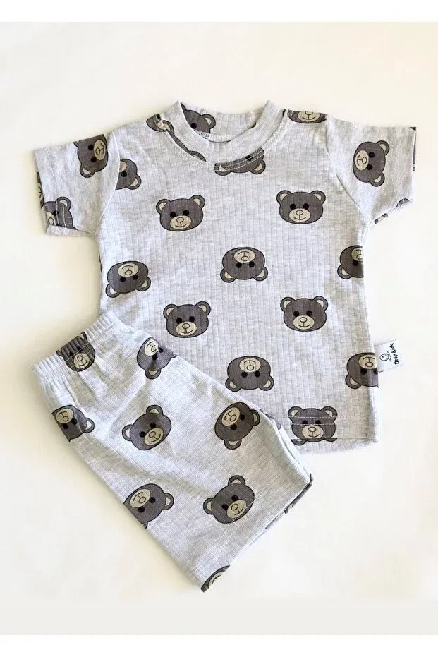 Детский комплект пижам с коротким рукавом и шортами Teddy Bear Pattern Printed Drop Kids, Gri — фото 4