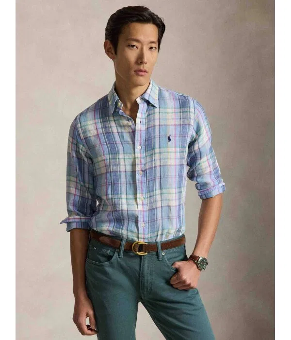 Мужская рубашка из льна Custom Fit Polo Ralph Lauren, синий
