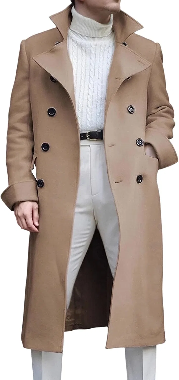Мужское пальто-тренч с лацканами, двубортное, длинное, Slim Fit, хаки
