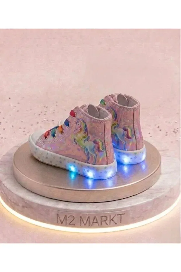 Детские спортивные туфли для девочек с принтом Unicorn patterned rainbow lace-up lighted girls' casual sports shoes Papuctime, Pink — фото 3