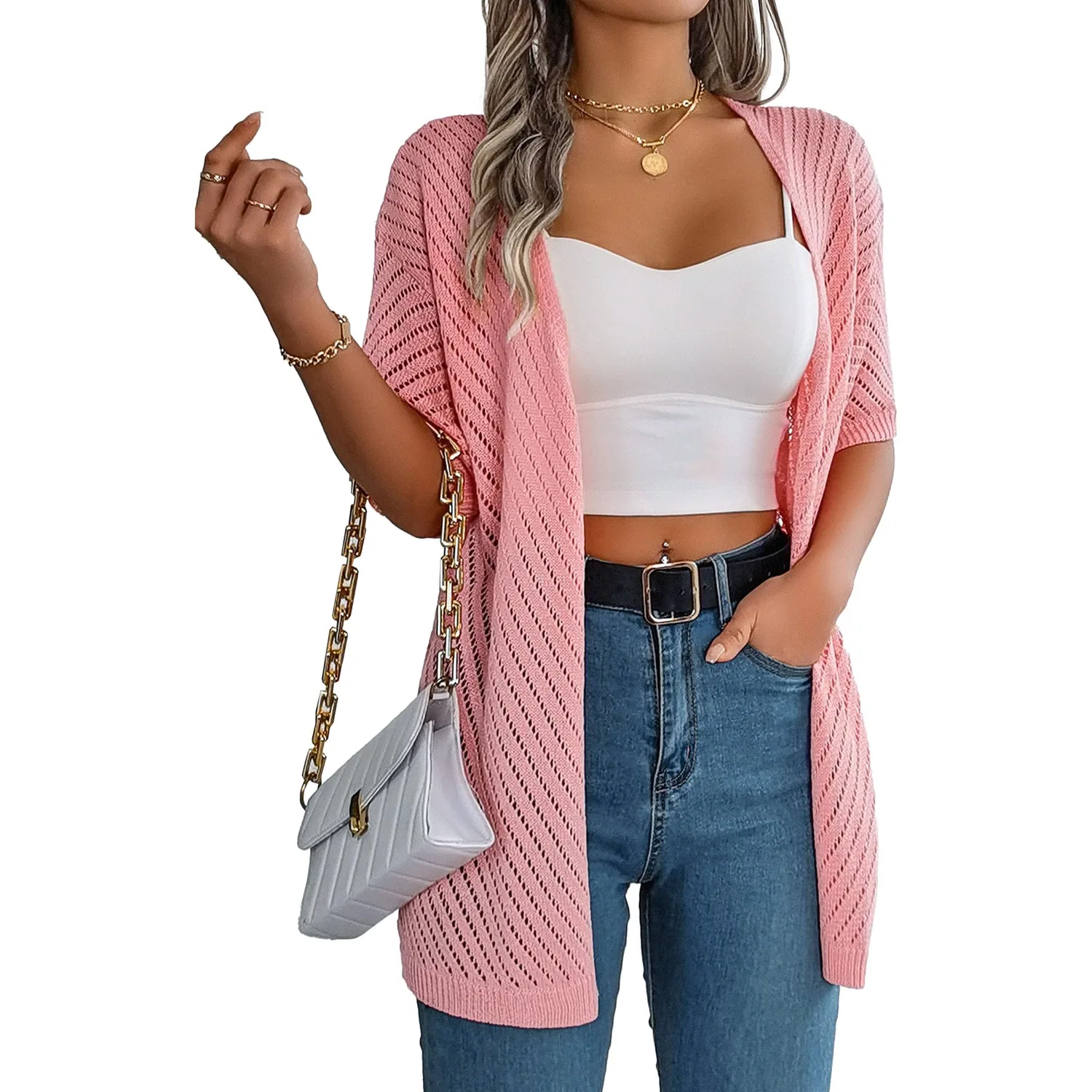 Женский легкий кардиган с коротким рукавом, ажурный, свободного кроя, Pink