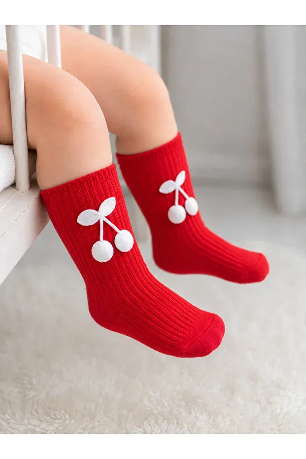Детские носки для девочек с помпонами и вишней Özkardeşler Baby, Red