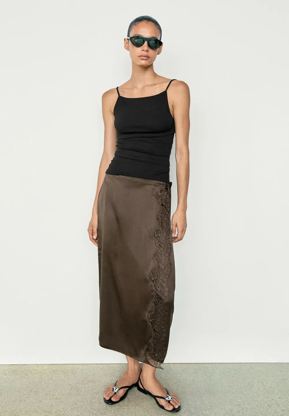 Парео-Юбка из 100% шелка с кружевной отделкой - юбка-обертка Massimo Dutti, Dark Brown — фото 3