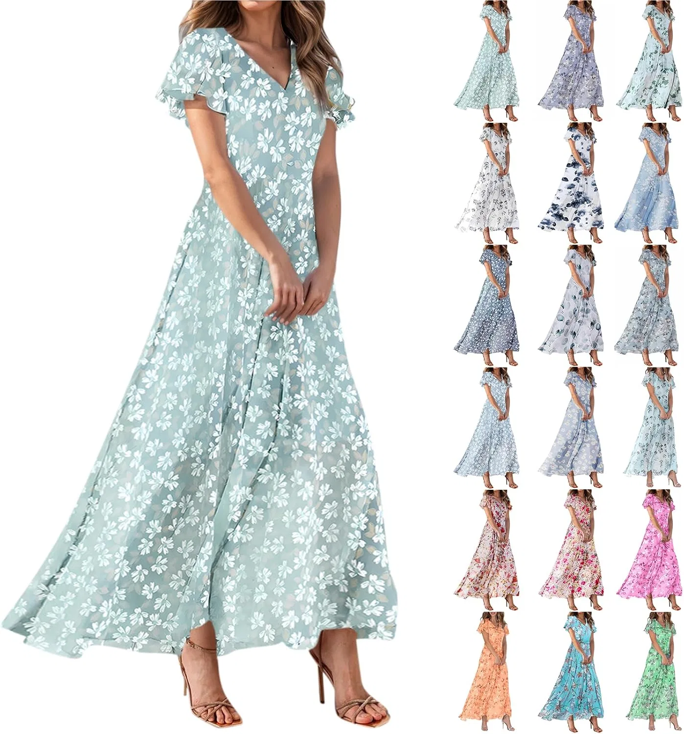 Женское шифоновое платье макси с цветочным принтом, Mint Green