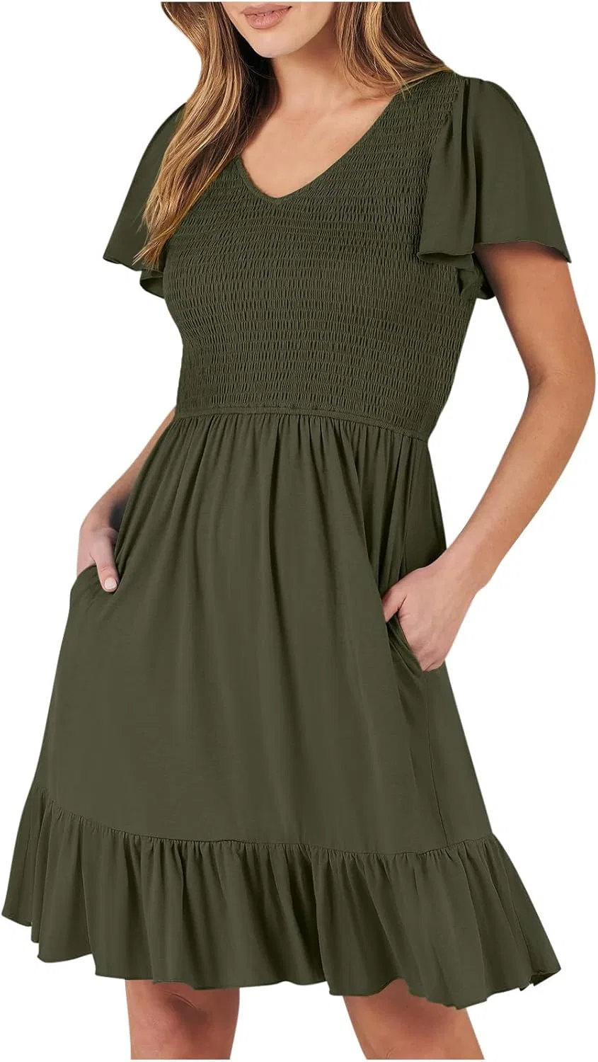Женское летнее платье с рюшами, коротким рукавом и декольте лодочкой, Smocked Elastic Waist Tiered, Army Green