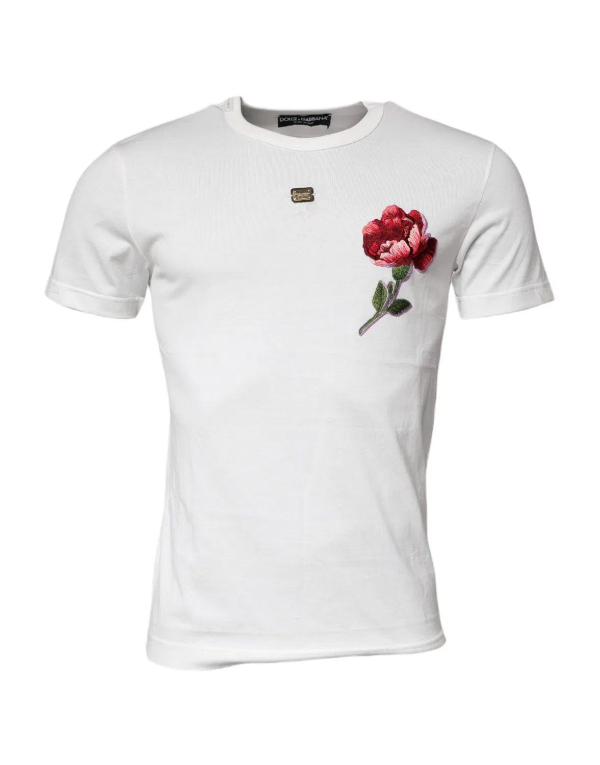 Мужская футболка с цветочной вышивкой White Cotton Logo Floral Crew Neck T-shirt Dolce & Gabbana, White — фото 2