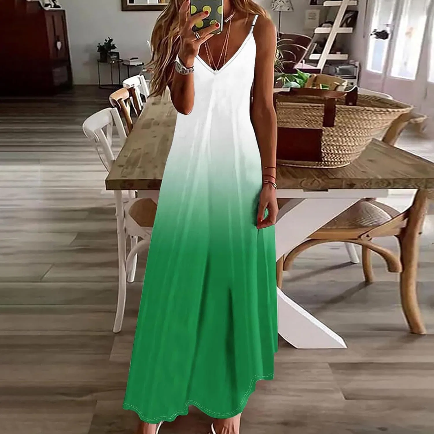 Женское пляжное платье макси с V-образным вырезом Tie Dye, Green — фото 2