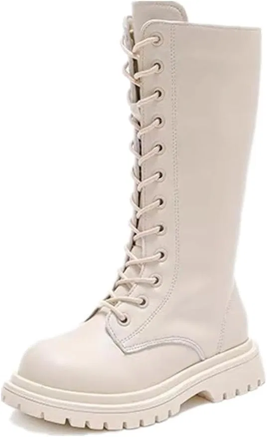 Детские кожаные сапоги для девочек на шнуровке с молнией BININBOX, White-Fur Lined