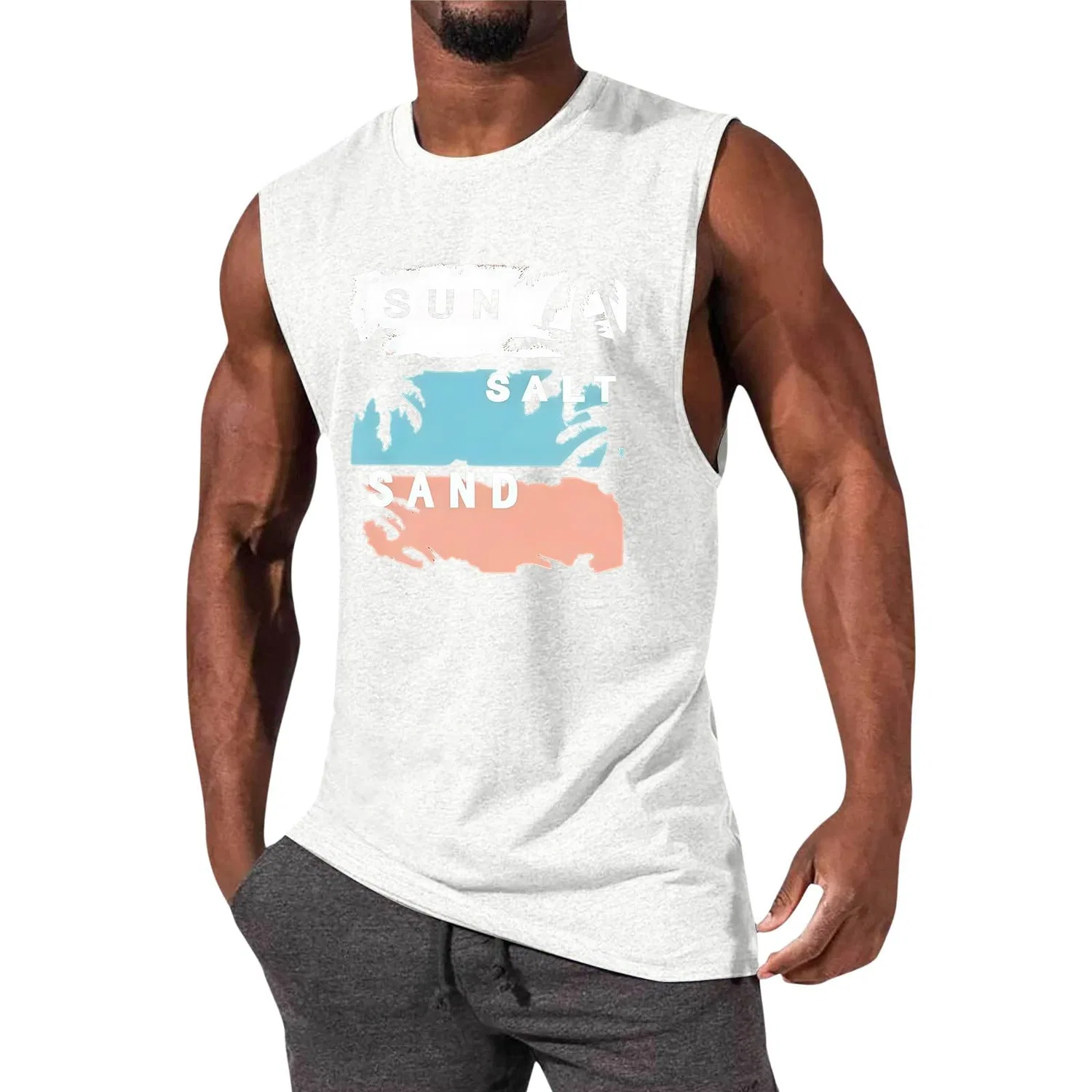 Мужская майка без рукавов с принтом Vintage Block Salt Sun Sand Palms, Bianco