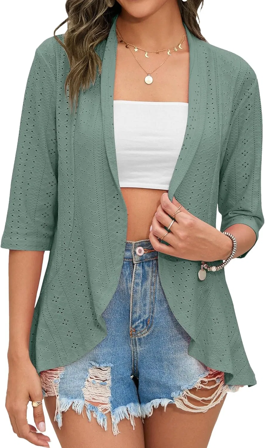 Женская ажурная кардиган с открытым передом, Green
